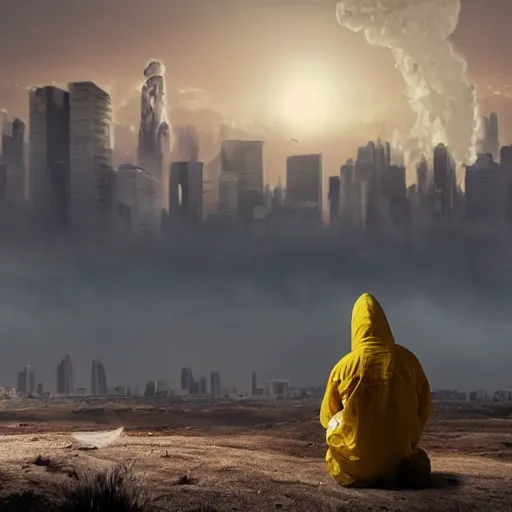 Prompt: a beautiful award-winning photo of the last man on Earth wearing a hazmat suit, sitting and depressed, serene post-nuclear background, a huge nuclear cloud, a mirage of a skyline of a destroyed city, numerous fires, volumetric lighting, haze, very high quality, extremely detailed, subtle visual noise, 8K