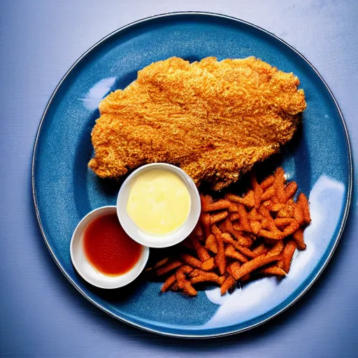 Image similar to chicken fried on a computer cpu chip, food, photograph, poster, orthographic