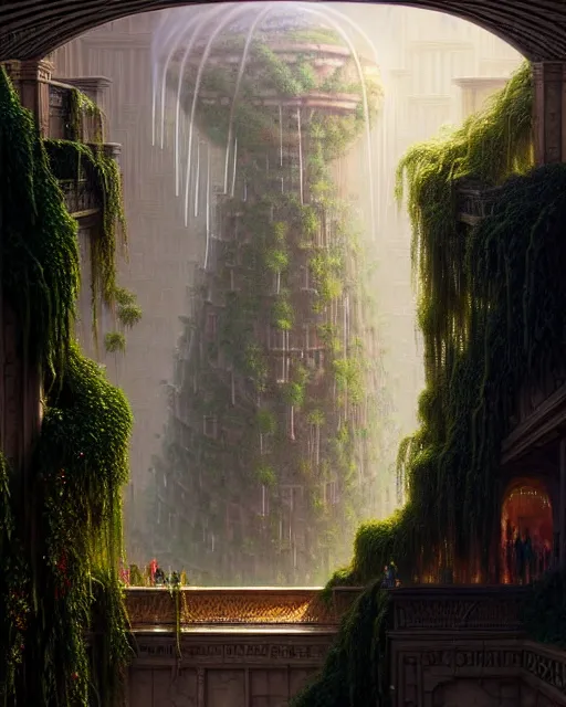 Image similar to a hyper - detailed 3 d render like a oil painting of the hanging garden of babylon surrealism!!!!! surreal concept art, lifelike, photorealistic, digital painting, aesthetic, smooth, sharp focus, artstation hd, by greg rutkowski, bruce pennington, valentina remenar and asher duran,