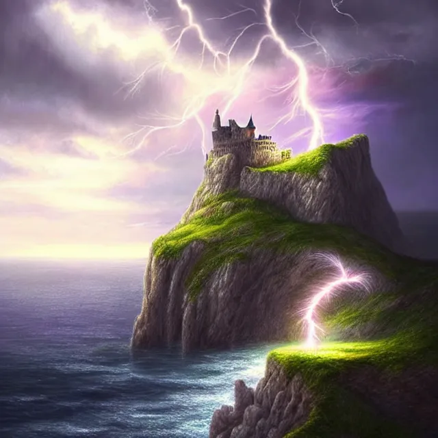 Image similar to epic professional digital art of Lightning striking a castle on a cliffside by the sea during a gloomy day in the Scottish highlands, soft pastel colours, best on artstation, breathtaking, epic, stunning, gorgeous, much detail, much wow, cgsociety, wlop, pixiv, behance, deviantart, masterpiece, UHD, 8K