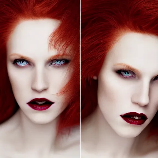 Prompt: a close up portrait of a pale woman vampire with red hair, award winning photography, ultra high detail, hd, 8k, by Martin Schoeller