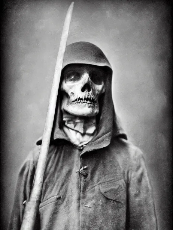 Image similar to portrait of grim reaper, ww1 photo, grainy, high detail, high resolution,