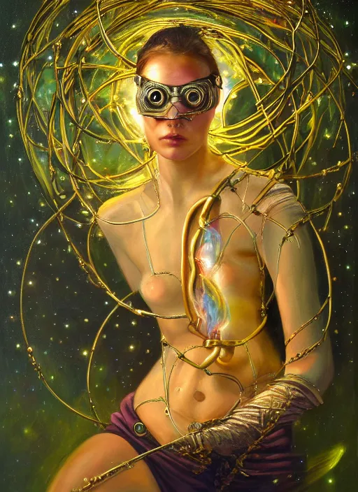 Image similar to oil painting of android woman immersed in the mystical tree, druid goddess, retro futurism, renaissance painting, baroque, steampunk, golden jewellery, shining crystals, cords and wires, vr googles, filigree, biomechanics, cinematic light, 8 k