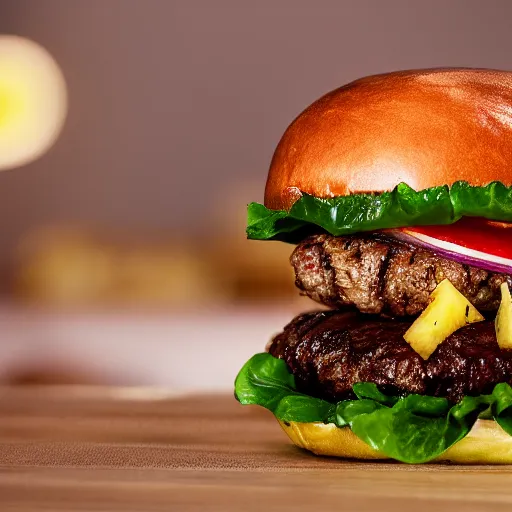 Image similar to a juicy hamburger with pineapple, 8 k resolution, food photography, studio lighting, sharp focus, hyper - detailed