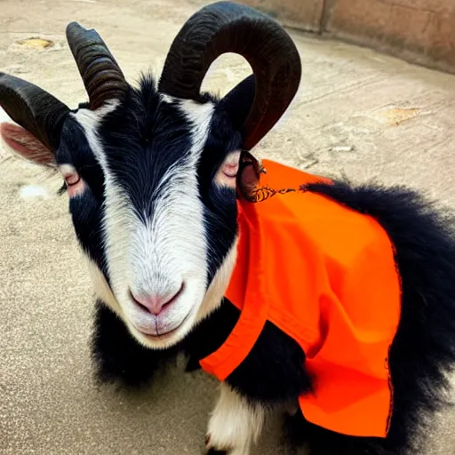 Image similar to cute goat wearing orange inmate clothes