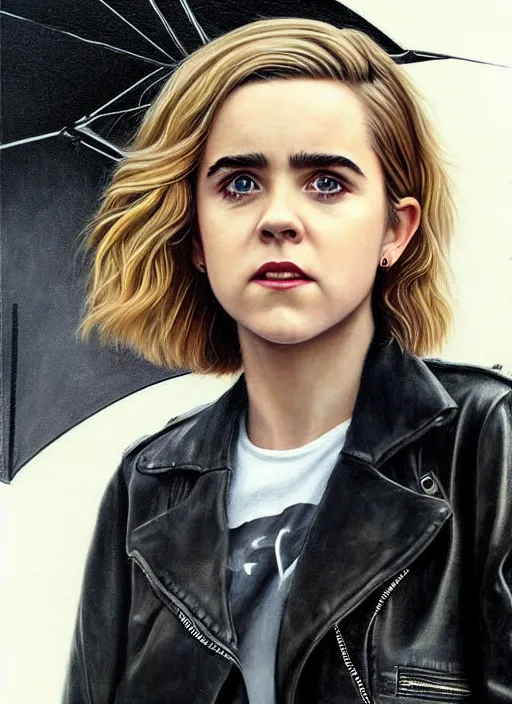 Prompt: portrait of kiernan shipka in the rain wearing a leather jacket, hyperrealistic, very detailed painting mark brooks