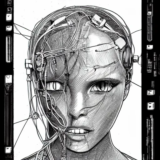 Prompt: scifi sketch of a girl cyborg head, half human, head covered in loose wires and machine parts, pen, by Terada Katsuya