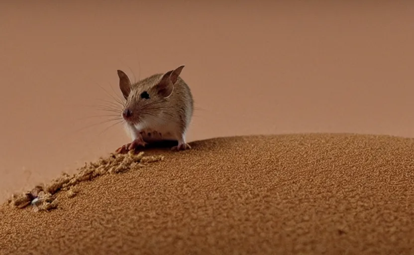 Image similar to on the dune of arrakis we see a close up of a tiny fremen desert mouse character steering a giant sandworm, blender animation, macro focus, hero shot and dramatic angles,