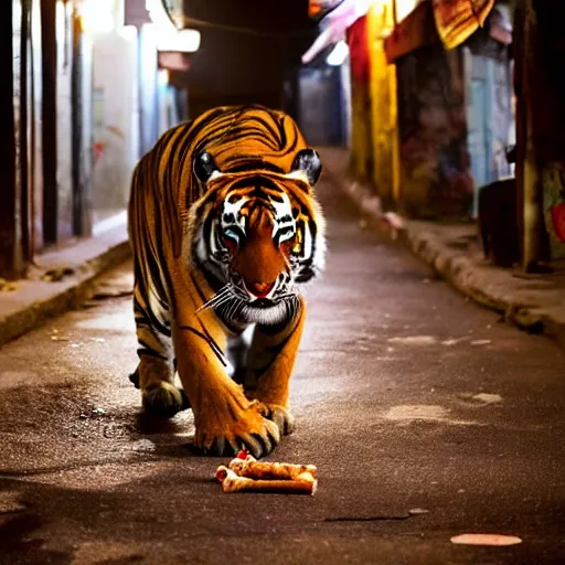 Prompt: photograph of a tiger smoking a joint in the streets of Dhaka at night