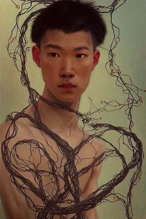 Prompt: hyperrealist portrait of elijah zu bailey, it is decorated with long wires that fall like vines and wears small computers over their body. by jeremy mann and alphonse mucha, fantasy art, photo realistic, dynamic lighting, artstation, poster, volumetric lighting, very detailed faces, 4 k, award winning