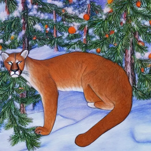 Image similar to crayon colouring book showing 'a cougar sleeping in the middle of snowy pine tree' laying on coffee table, zoomed out shot, HD