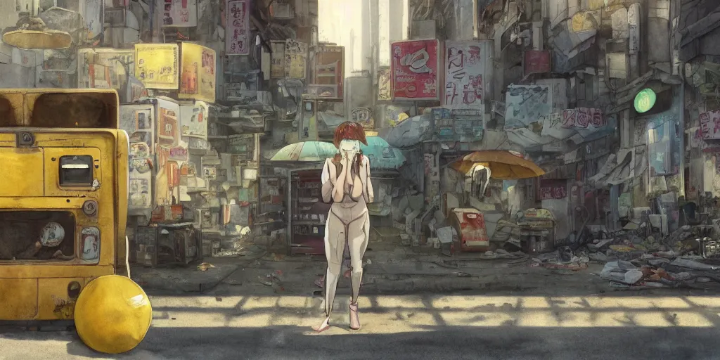Prompt: incredible wide screenshot, simple watercolor, paper texture, ghost in the shell movie scene, distant shot of hoody girl side view sitting under a yellow striped parasol in deserted dusty shinjuku junk town, old pawn shop, bright sun bleached ground , cute vending machine robot monster lurks in the background, ghost mask, teeth, animatronic, black smoke, pale beige sky, junk tv, texture, strange, impossible, fur, spines, mouth, pipe brain, shell, brown mud, dust, bored expression, overhead wires, telephone pole, dusty, dry, pencil marks, genius party,shinjuku, koju morimoto, katsuya terada, masamune shirow, tatsuyuki tanaka hd, 4k, remaster, dynamic camera angle, deep 3 point perspective, fish eye, dynamic scene