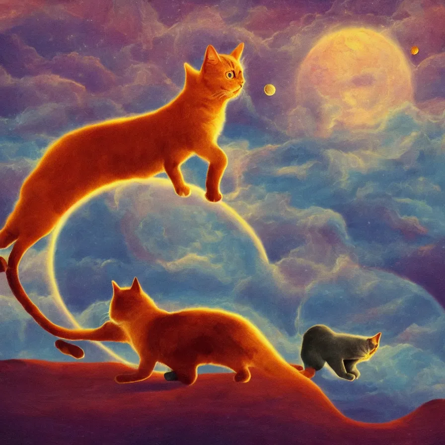 Image similar to a surreal landscape of a frightened giant cat chased by ghosts in a vast desert lit by two scary moons, deeply texural, saturated color scheme