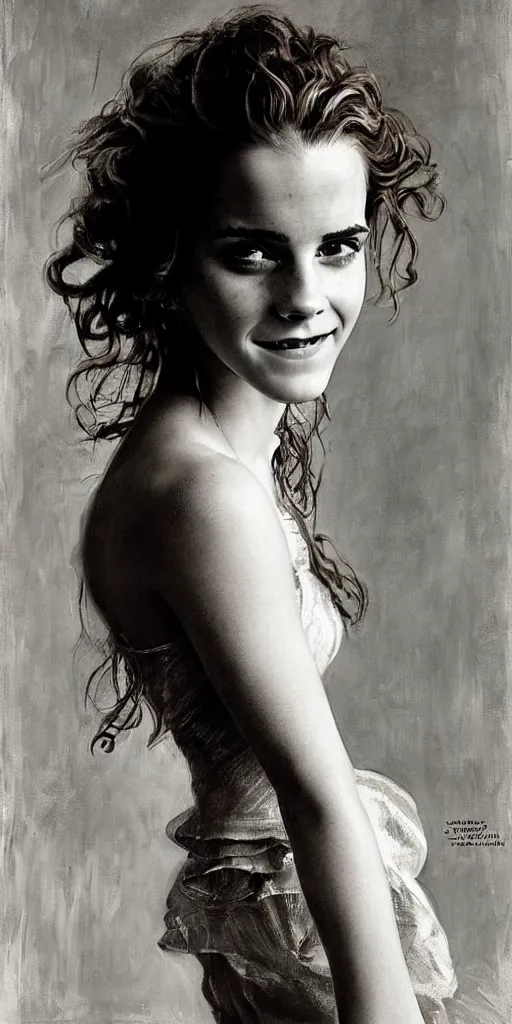 Image similar to emma watson smiling smiling smiling detailed portrait curly updo wet hair painting by gaston bussiere craig mullins j. c. leyendecker photograph by richard avedon peter lindbergh annie leibovitz