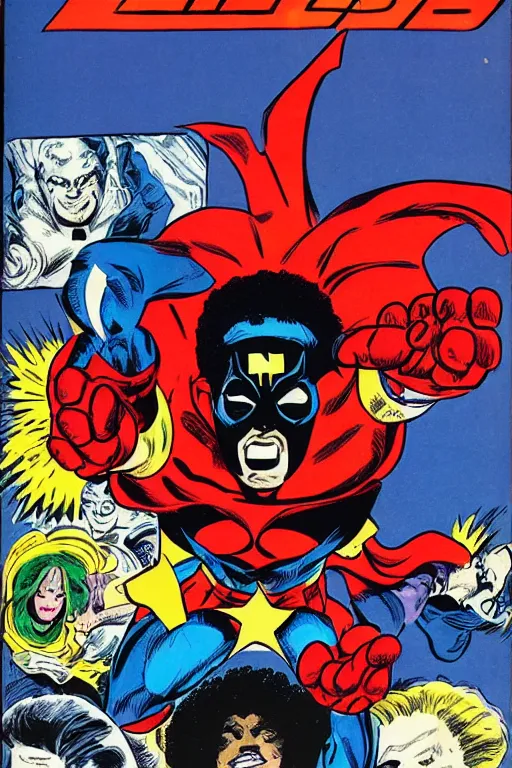 Image similar to comic book front cover. afro - masked superhero flying towards camera by john byrne, in style of marvel comics