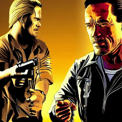 Prompt: arnold schwarzenegger walking dead telltale, jules pulp fiction, telltale games style, symmetric!!, 4 k full hd,