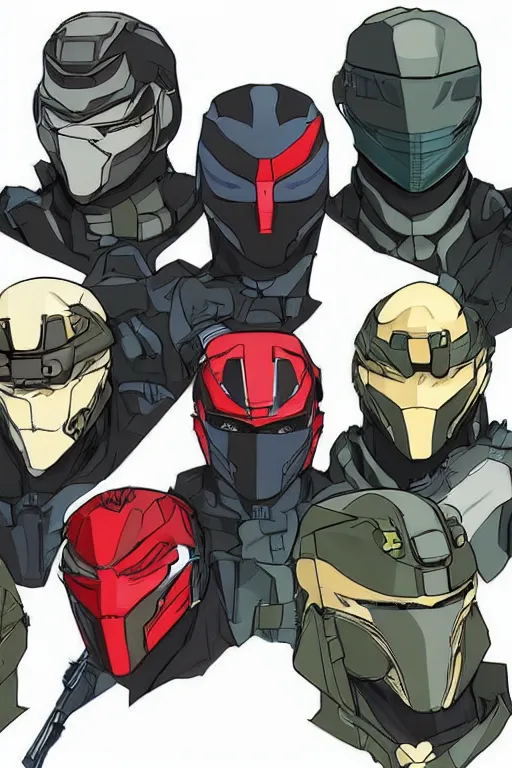 Prompt: ranger power colored mecha ninja mask helmet metal gear solid artic suit swat commando snyder zack and swanland raymond and pennington bruce