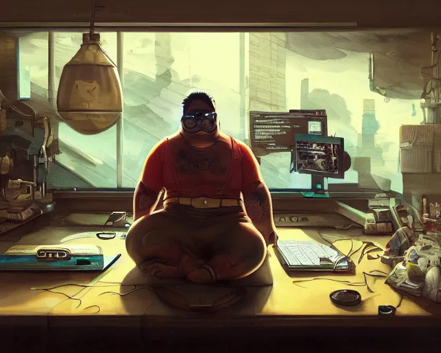 Image similar to an insanely detailed painting of a chubby nerdy asian man wearing a homemade superhero costume, sitting at a computer desk typing on the keyboard, in the style of peter mohrbacher, dramatic lighting and composition, trending on artstation, concept art, comic book, graphic novel, back view