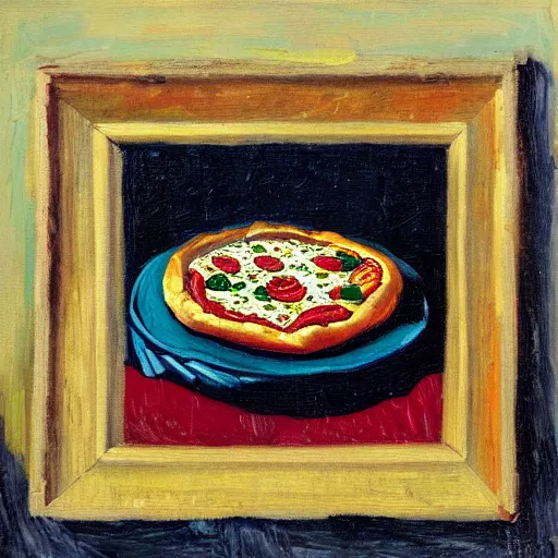 Image similar to oil painting of a still life with a pizza and wine, in the style of Vincent van Gogh,