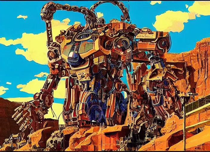 Image similar to realistic physically based rendering of a giant mechanical robot steve buscemi at the grand canyon by jack kirby!!! and simon bisley, epic, awesome trendy color palette, cinematic, claymation, by wes anderson and joop geesink, diorama