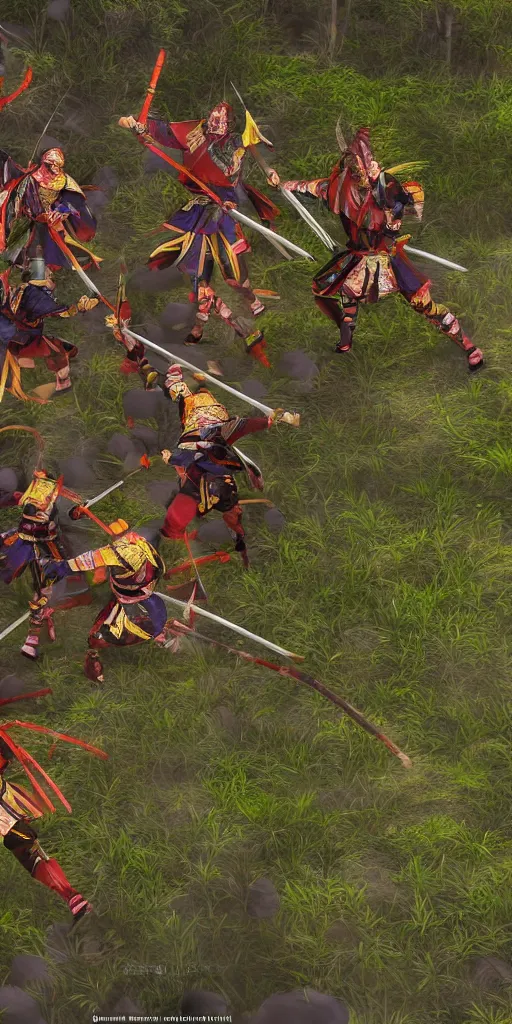 Image similar to samurais in colourful armor fight against each other in a bamboo forest, cinematic, epic pose, battle scene, render, unreal engine