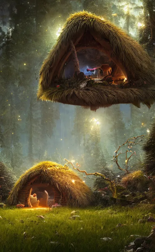 Prompt: a hut made of fur, magical forest, community, robots, electric swirls, furry, soft, concept art, intricate details, highly detailed, photorealistic, disney pixar, octane render, iridescent, anime, 8 k