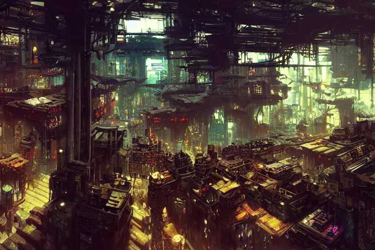 Prompt: cyberpunk market interior, intricate, elegant, highly detailed, john park, craig mullins, sparth, ruan jia, jeffrey catherine jones