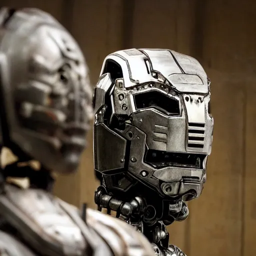 Image similar to cinematic still from westworld and real steel, very close shot of intricate ornate armored core head by fujioka kenki and by mamoru nagano,