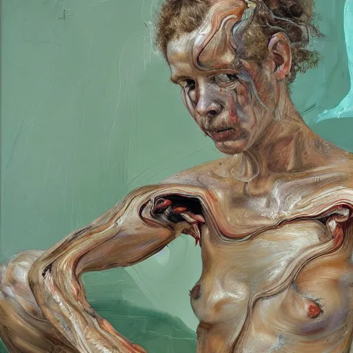 Prompt: high quality high detail painting by lucian freud and jenny saville, hd, fungi growth, turquoise