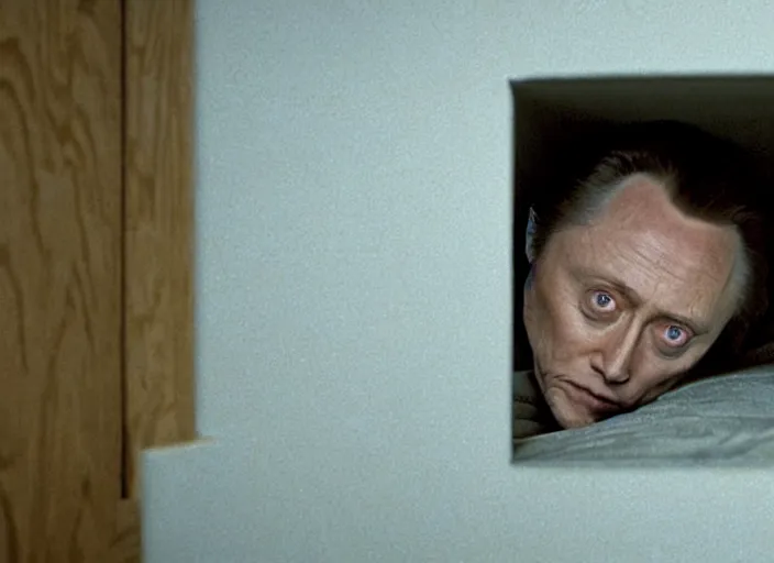 Image similar to film still of Christopher Walken hiding under a bed at night in the new Shining movie, 4k