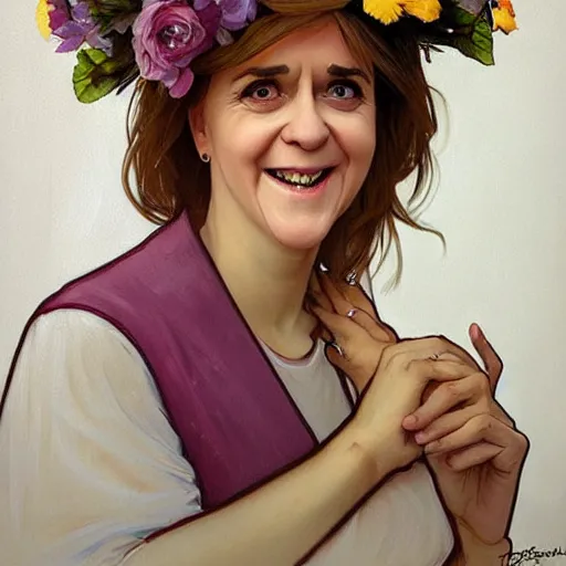 Prompt: nicola sturgeon, happy, with a flower crown. beautiful painting by artgerm and greg rutkowski and alphonse mucha