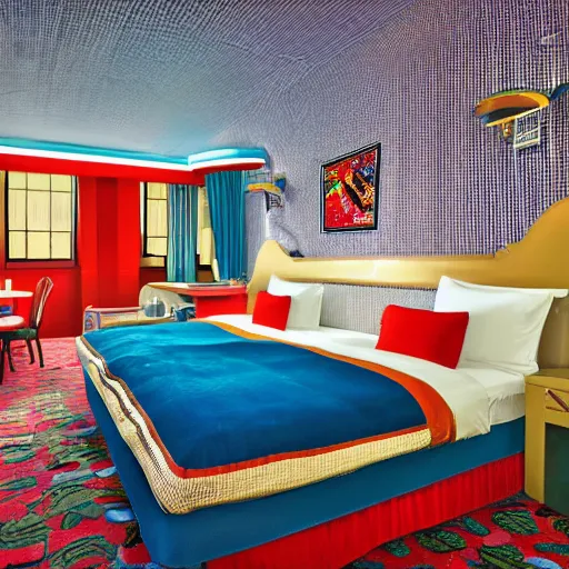 Image similar to photography of theme park hotel room themed to retro new york city motif. bed has new york city blankets. wall has new york city pattern. furniture has new york city motif. furniture is shaped like new york city. carpet has new york city subway map design. lighting has retro new york