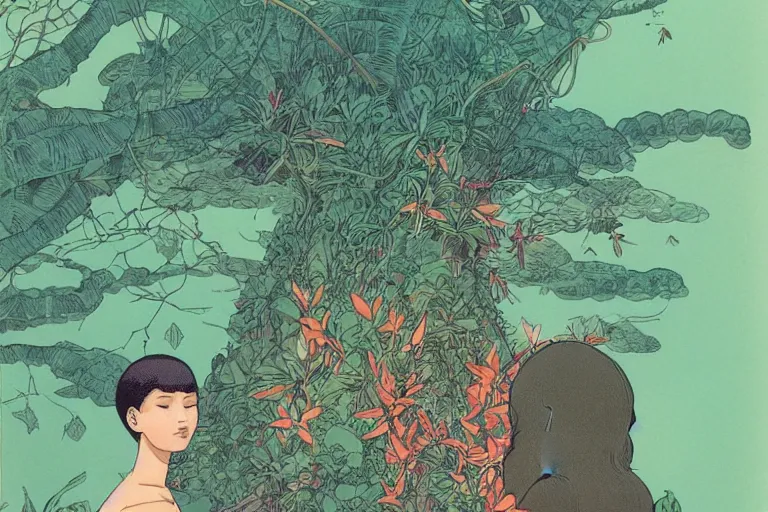 Image similar to gigantic woman head, a lot of exotic vegetation around, trees, flowers, risograph!, oldschool vintage sci - fi flat surreal design, super - detailed, fullshot, painting by moebius and satoshi kon