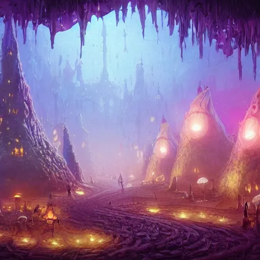 Image similar to concept art detailed painting of a dark purple fantasy fairytale fungal town made of mushrooms, with glowing blue lights, in the style of jordan grimmer and neil blevins and wayne barlowe