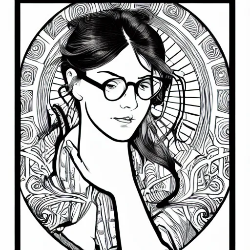 Prompt: clean simple line art of a woman with glasses reading a book. she is a librarian. no background. well composed, clean coloring book page, beautiful detailed face. coloring book line art by greg rutkowski and johanna basford and alphonse mucha