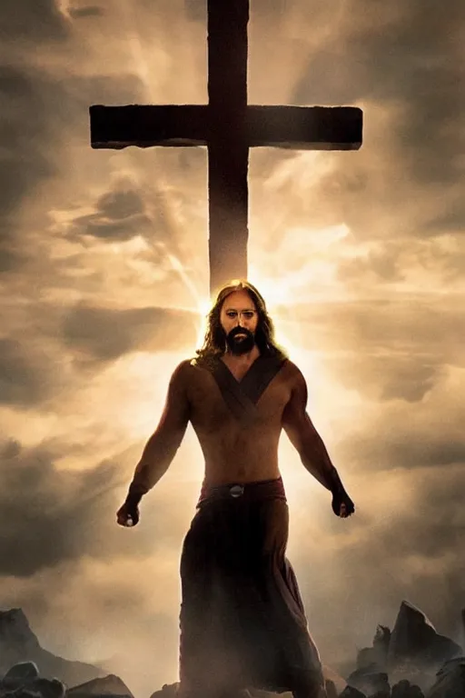 Image similar to poster for a jesus christ avengers movie, jesus posing with his cross as a weapon, photorealistic, cinematic lighting, extremely detailed, marvel cinematic universe