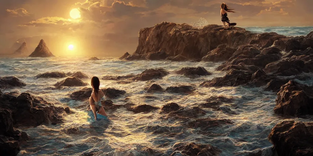 Image similar to ! dream long shot of big sun rough sea and jagged rocks nets, plastic bottles, garbage, sand and sea, with a beautiful girl on the rocks, golden hour, fantasy, hyper realistic, artstation, art by artgerm and sangsoo jeong and john william waterhouse