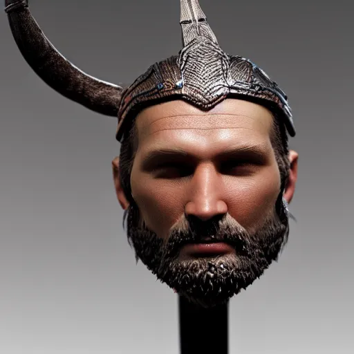 Image similar to of a 3d clay model of a viking from valhalla, wearing the horned helmet ultra fine detail, hair strands, ultra high resolution, fine texture detail, miniature painting techniques, perfect proportions, marvel cinematic universe, eric bana