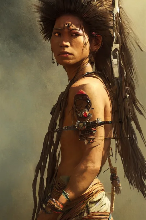 Image similar to a portrait of a tribal women a sci-fi weapon by Greg Rutkowski, Sung Choi, Mitchell Mohrhauser, Maciej Kuciara, Johnson Ting, Maxim Verehin, Peter Konig, final fantasy , mythical, 8k photorealistic, cinematic lighting, HD, high details, atmospheric,