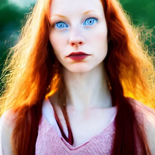 Image similar to close up portrait photograph of a thin young redhead woman with russian descent, with deep blue eyes. Wavy long maroon colored hair. she looks directly at the camera. Slightly open mouth, with a park visible in the background. 55mm nikon. Intricate. Very detailed 8k texture. Sharp. Cinematic post-processing. Award winning portrait photography. Sharp eyes.