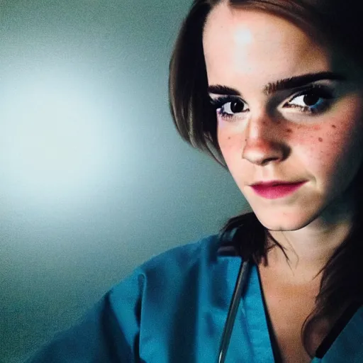 Image similar to photo, close up, emma watson in nurse scrubs, dim light, low light, fog, android cameraphone, snapchat story screenshot, 2 6 mm,