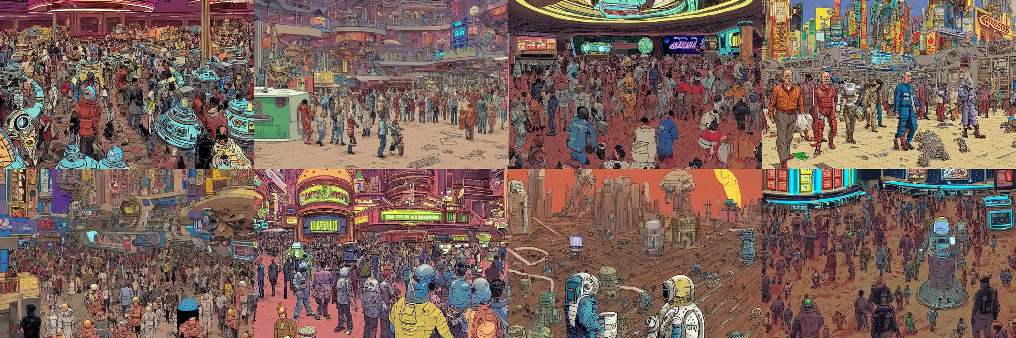 Prompt: an astronaut entering bustling cyberpunk casino on mars, filled with people, robots, cyborgs, aliens, by geof darrow