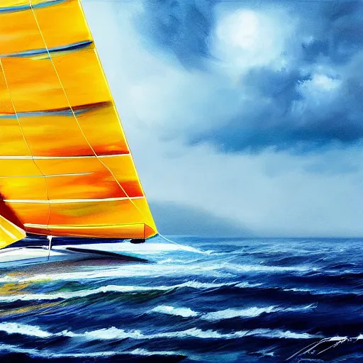 Image similar to catamaran yacht on the ocean during a storm painting, 4 k, hyper realistic, dslr, high resolution, landscape, beautiful