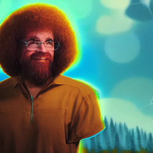 Image similar to improbability, octane render, portrait made of paint, splashes of colors, bob ross comic book art