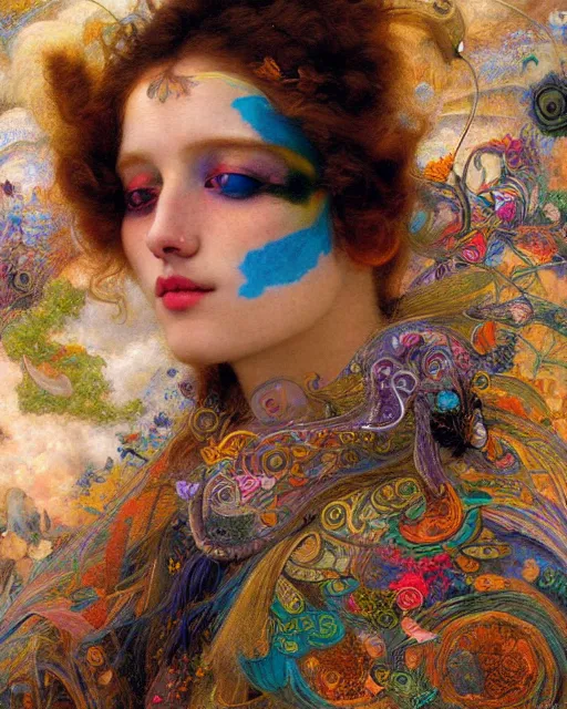 Image similar to a beautiful girl in the clouds wearing colourful face paint surrounded by colourful intricate patterns, by edgar maxence and caravaggio and michael whelan, intricate painting, hyper realistic, extremely detailed and beautiful aesthetic face, 8 k resolution