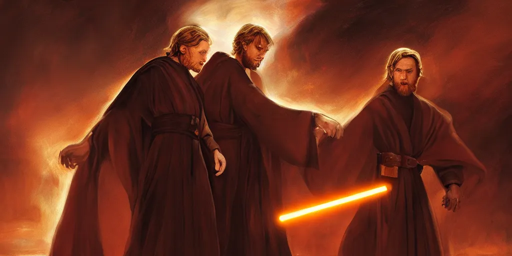 Image similar to anakin skywalker and obi wan kenobi, mustafar, art by da vinci, deviantart, canvas painting, detailed environment, amazing lighting, illumination, painting, art, futuristic, raytracting, dark, contrast, sharp focus, smooth, environment, star wars