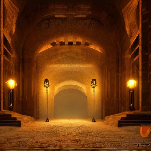 Image similar to the grand magical entrance, marbme floors, art by kotaro chiba, volumetric lighting, epic composition