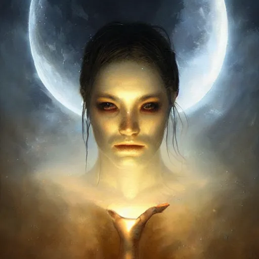 Image similar to a hyperrealistic acrylic on canvas portrait painting of the Moon Goddess by Greg Rutkowski, Artgerm and Beksinski. Epic fantasy art. Volumetric lighting. Night scene.