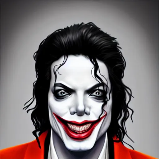 Prompt: michael jackson as the joker laugh on camera, with his hand make unappropriate sign. facial features, symmetrical anatomy, hyperdetailed, coloured comic, baroque, pop punk art style, fantasy, body features, posse features, without duplication, art by artgerm and ilya kuvshinov and vinicius gud and gustavo zambelli, intricate.