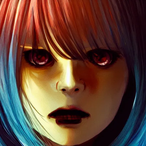 Image similar to full face shot of rimuru tempest, sky blue straight hair, long bangs, with amber eyes, wearing a fancy black jacket, high collar, ultra detailed, brush strokes, digital painting, cinematic, wlop artstation, closeup, pixiv, eerie, scary, intimidating glare, evil, yoshitaka amano, junji ito,